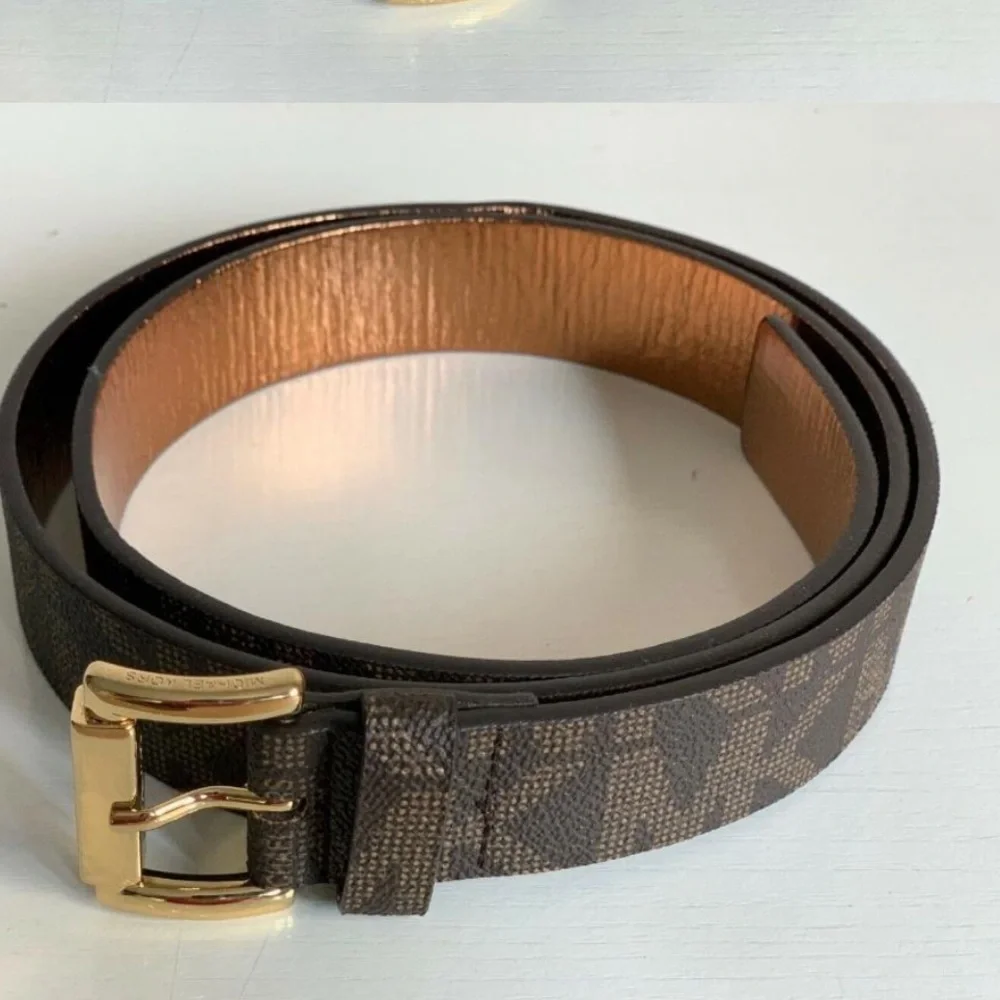 NWT Michael Kors brown MK logo gold buckle belt M statement belt